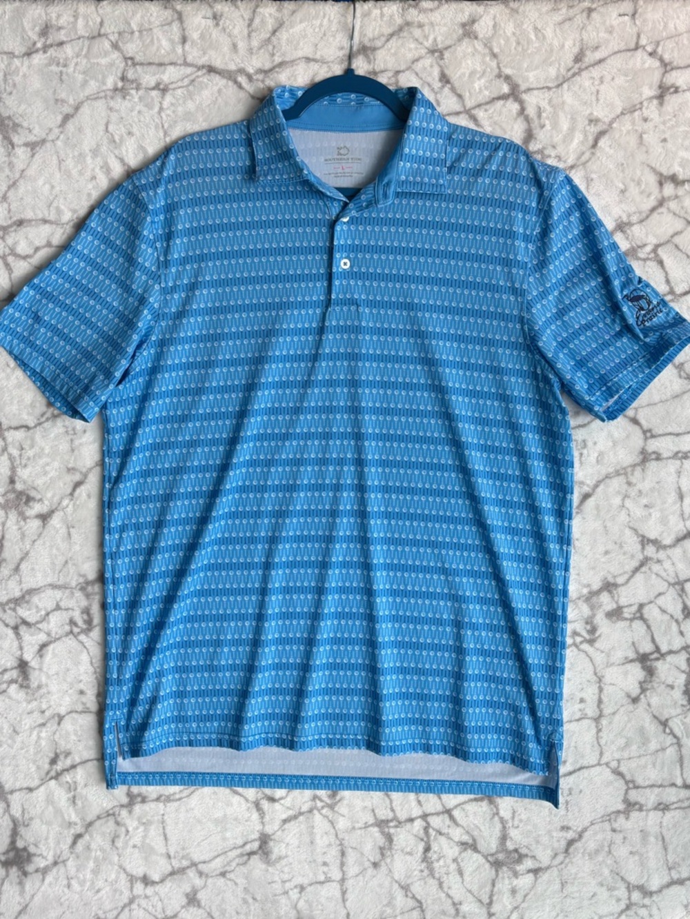Southern Tide Evan’s Prarie Golf Shirt Men’s L Blue w Golf Balls & Tess Allover